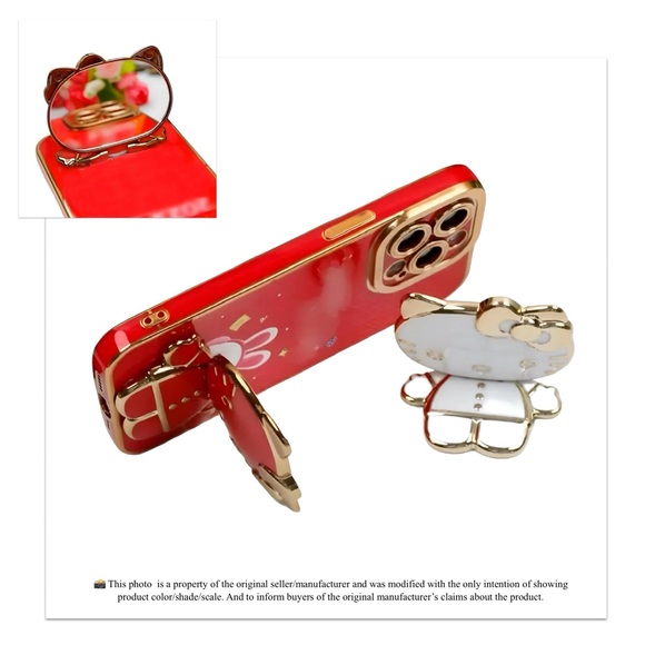 HELLO KITTY Rotatable Foldable Mobile Phone Stand With Mirror Red/Gold - Picture 2 of 8
